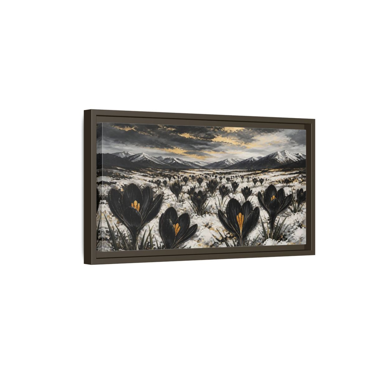 Side Mockup 7. Black Crocuses In Snow shown as framed canvas print