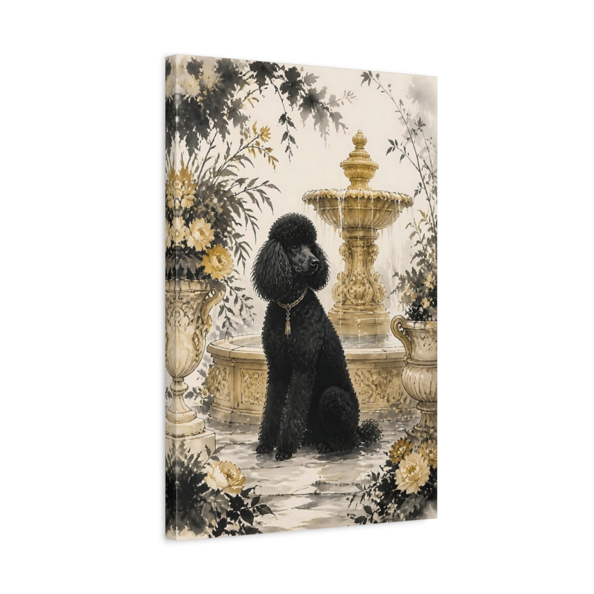 Side Mockup 3. Black Poodle By Fountain shown as canvas print