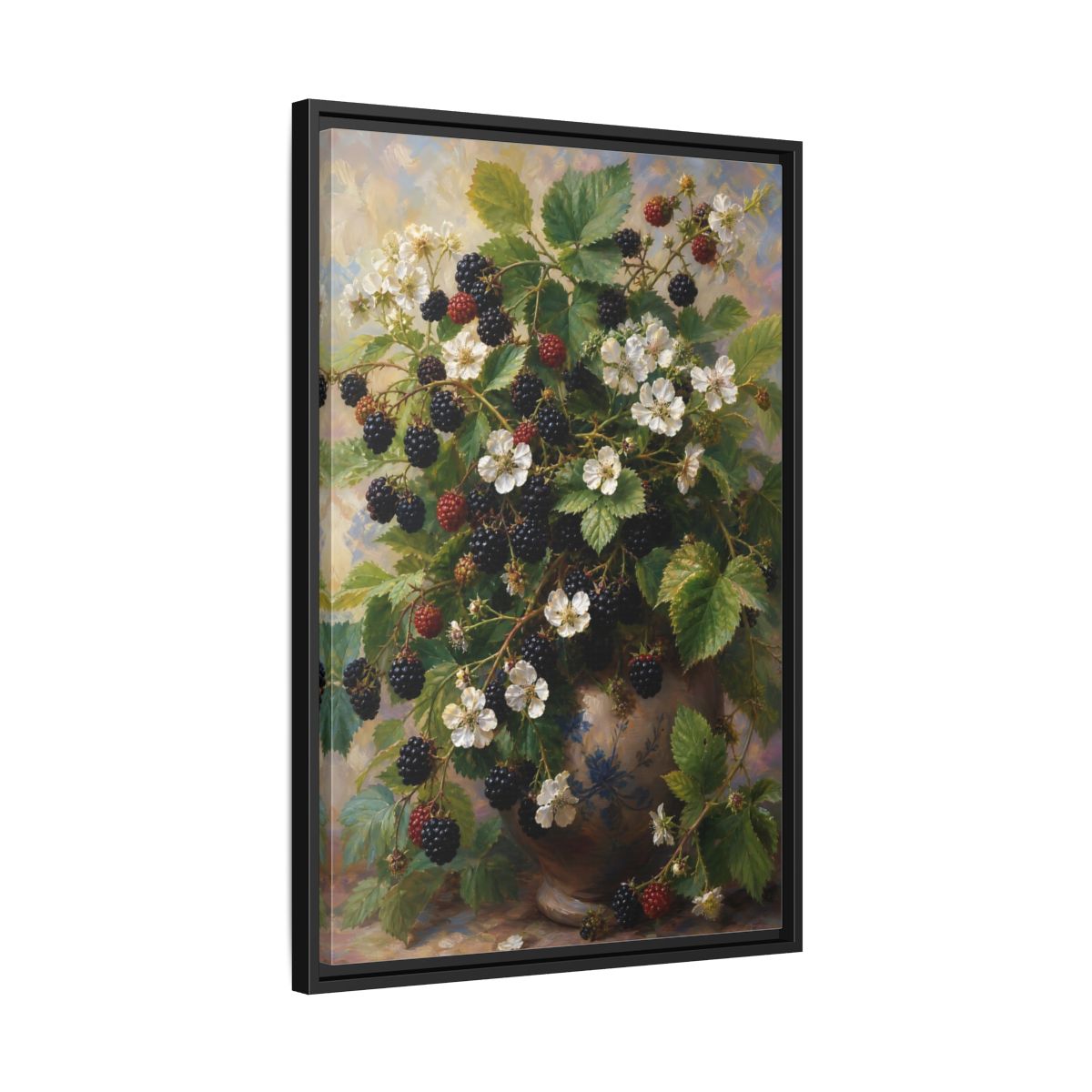 Side Mockup 14. Blackberry Blossoms In Vase shown as framed canvas print