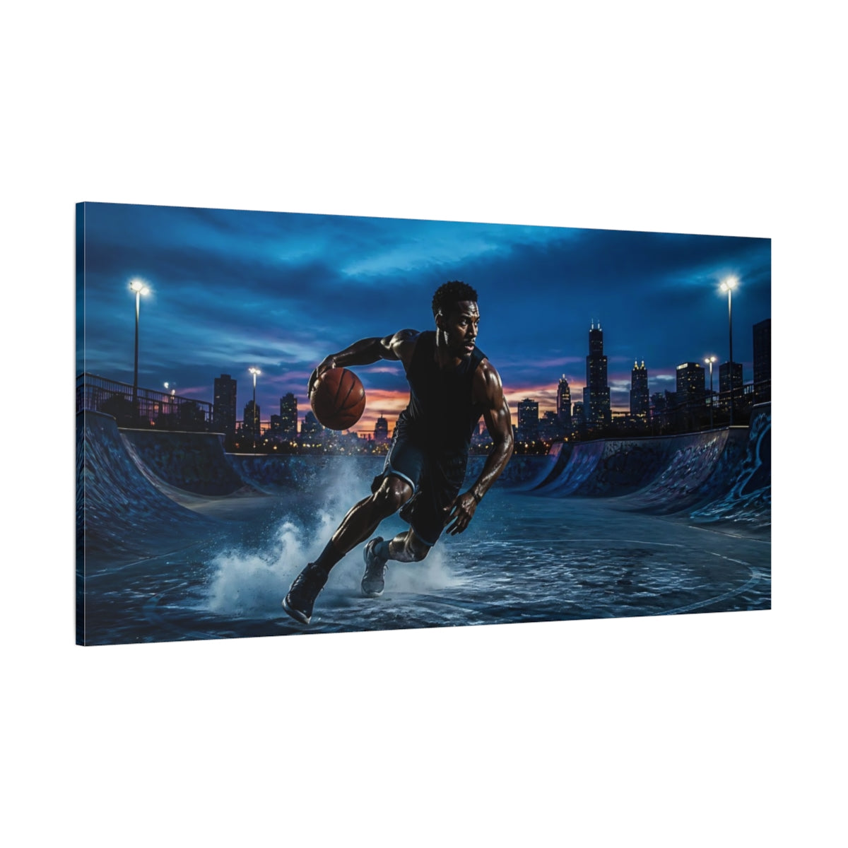 Side Mockup 2. Blue Hour Basketball Drive shown as canvas print