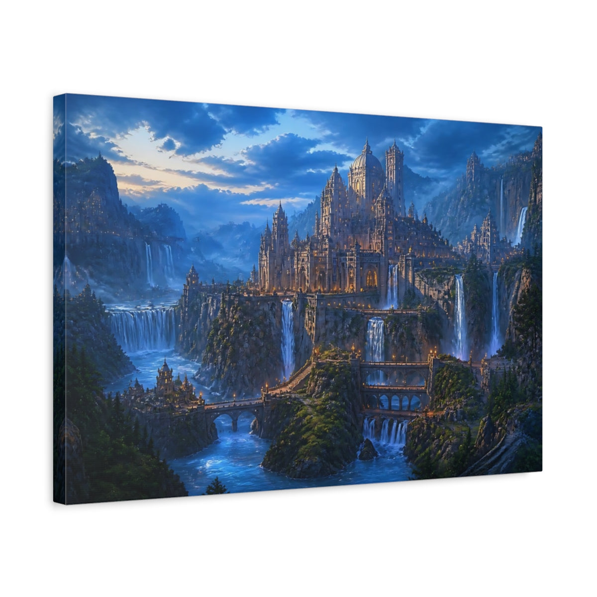 Side Mockup 3. Blue Hour Waterfall City shown as canvas print