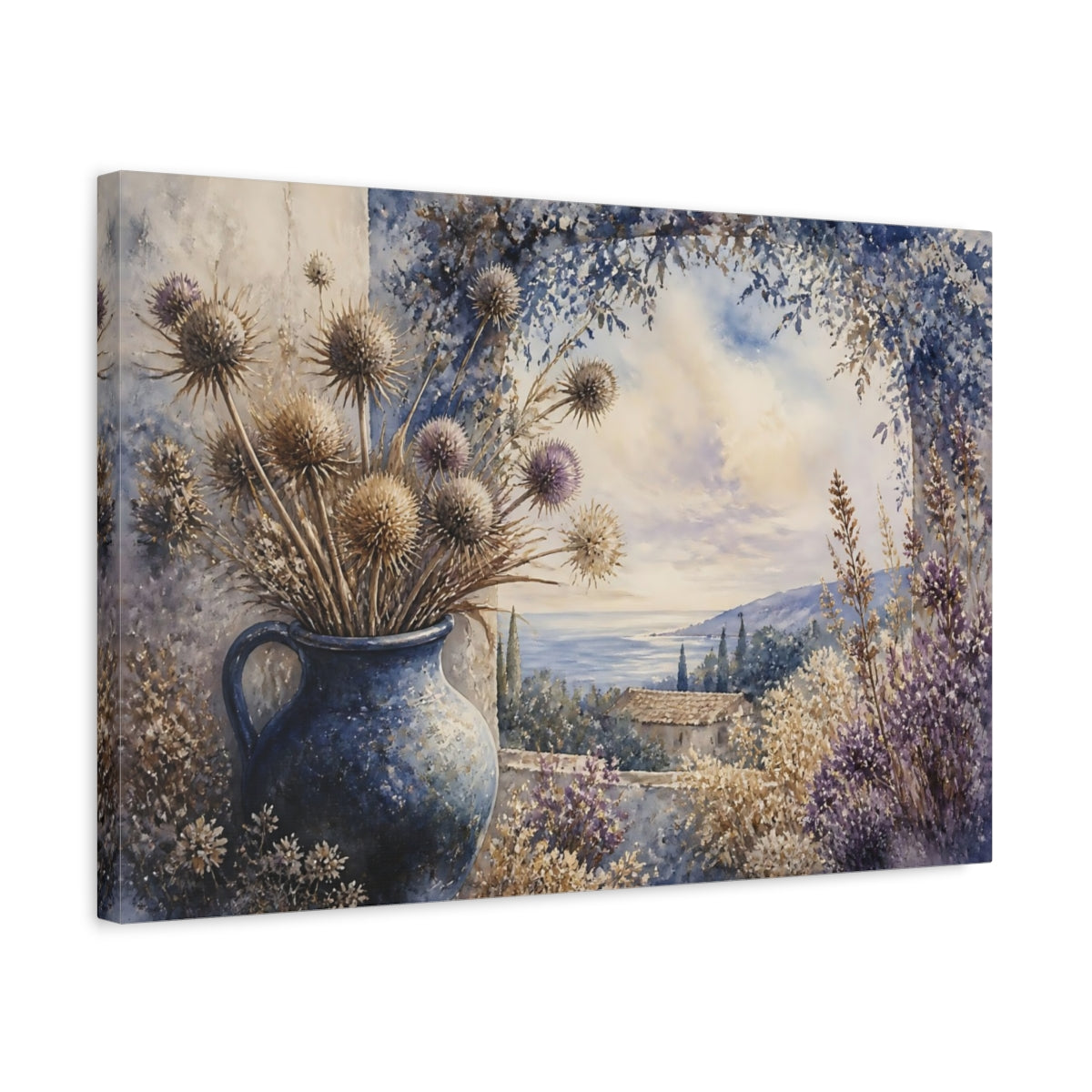 Side Mockup 3. Blue Jug With Thistles shown as canvas print