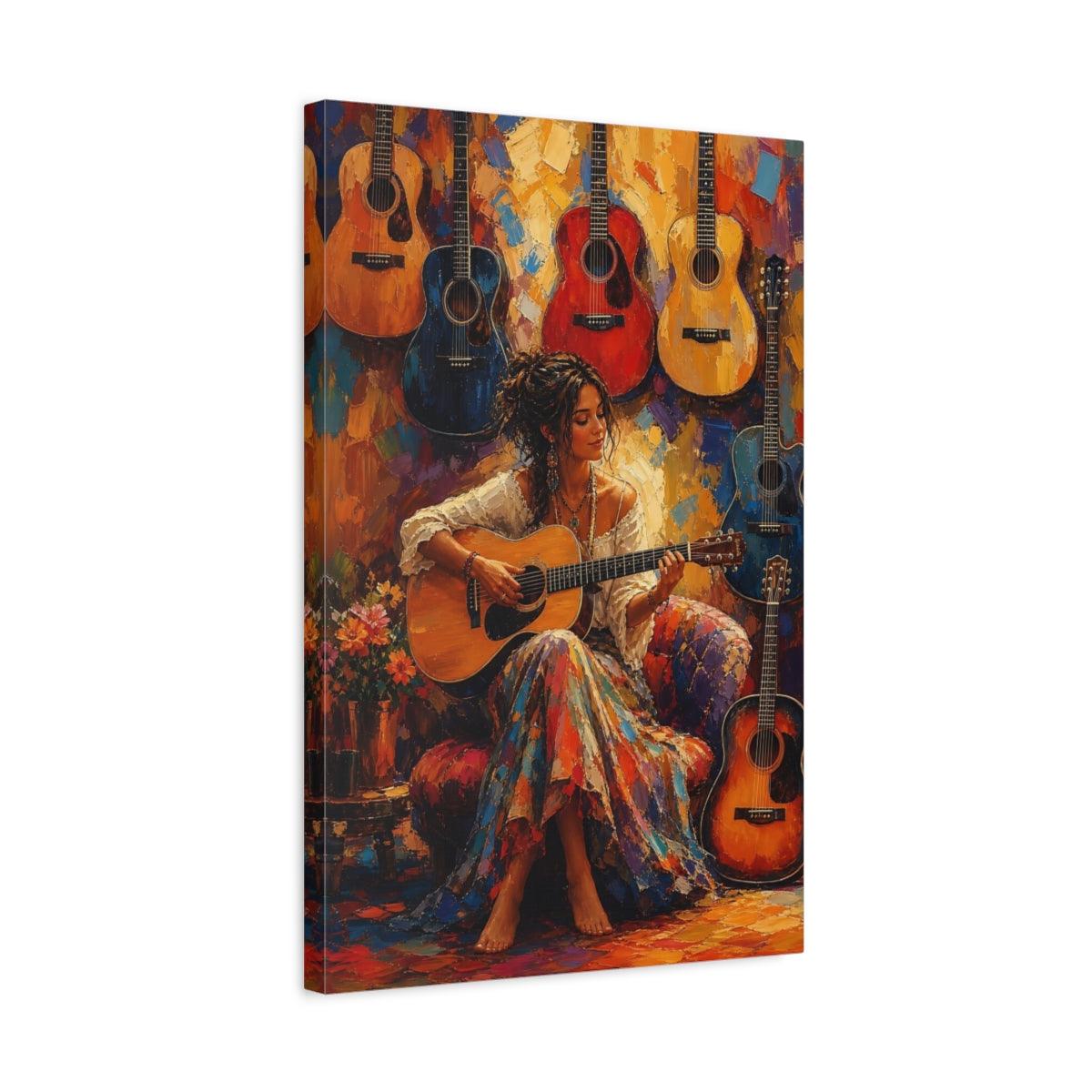 Side Mockup 3. Bohemian Guitarist Serenade shown as canvas print