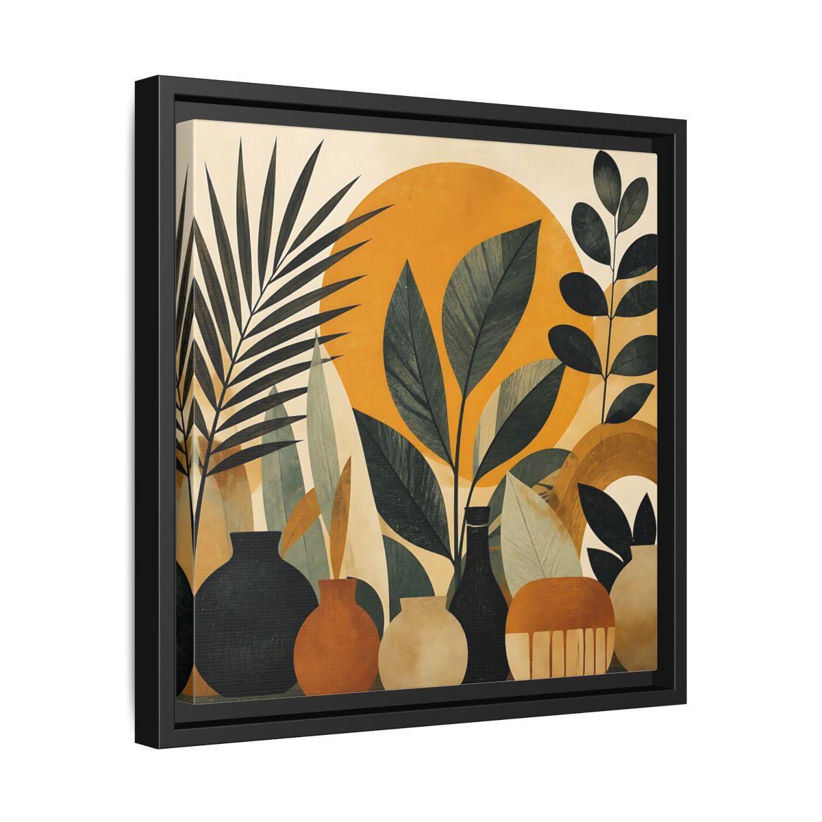 Side Mockup 32. Boho Botanical Leaves shown as framed canvas print