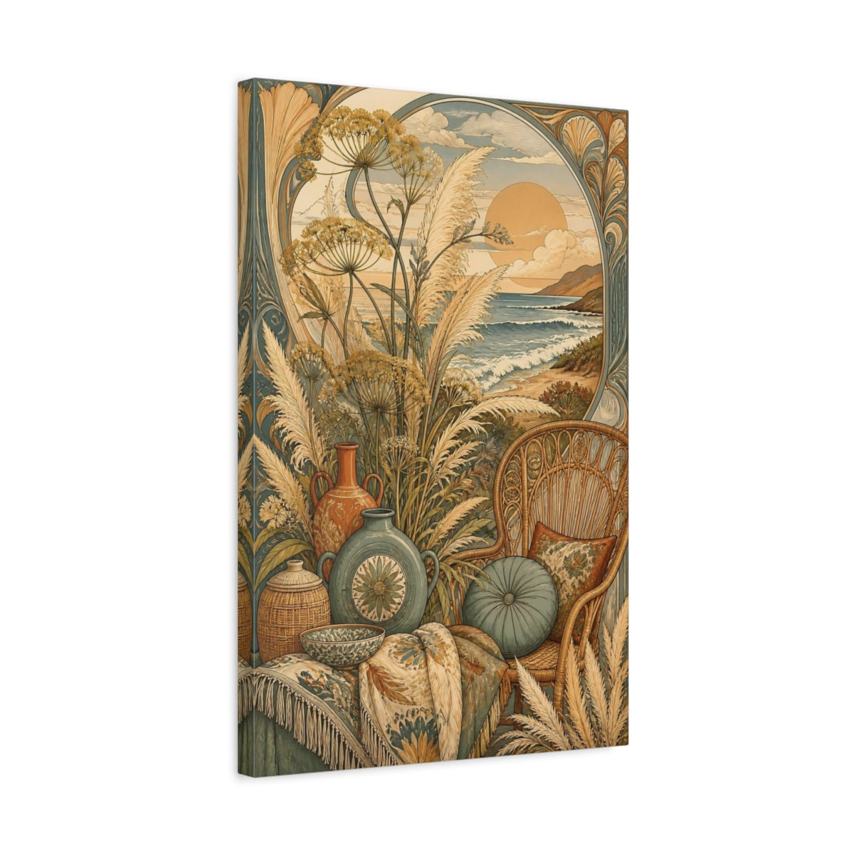 Side Mockup 3. Boho Pampas Ocean Sunset shown as canvas print