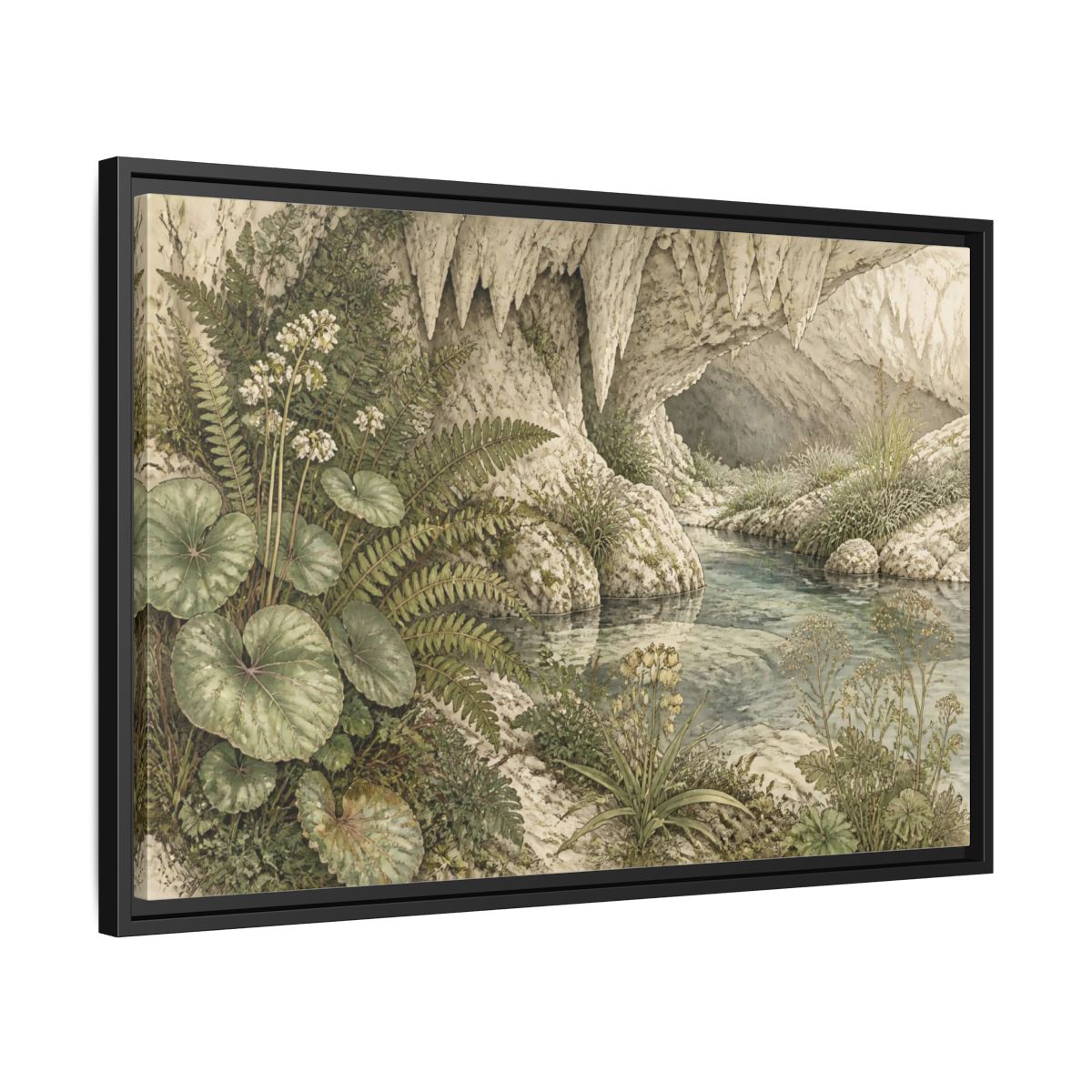 Side Mockup 14. Botanical Cave Spring shown as framed canvas print