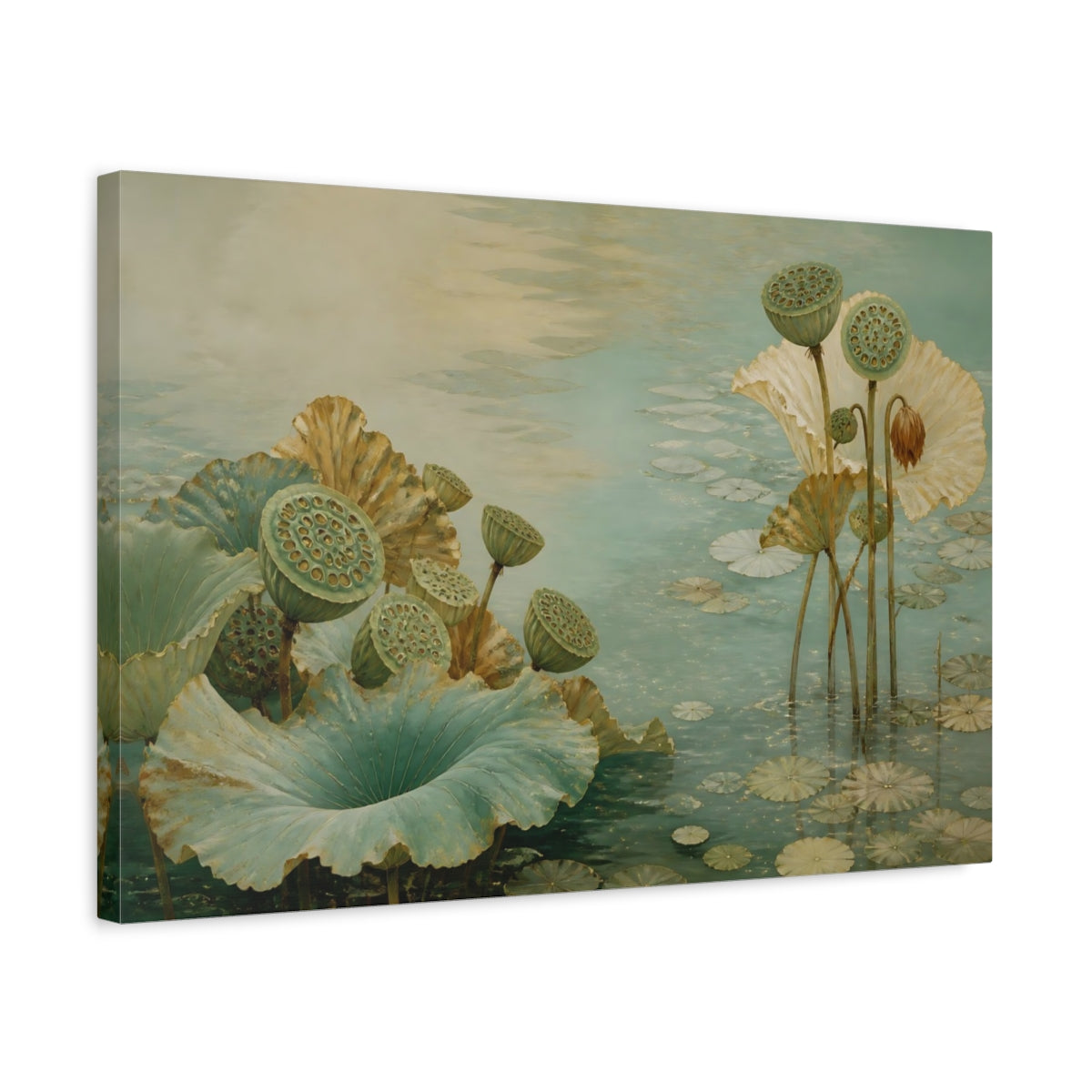 Side Mockup 3. Botanical Lotus Seedpods shown as canvas print