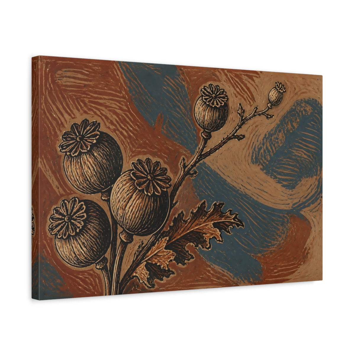 Side Mockup 3. Botanical Poppy Pods Study shown as canvas print