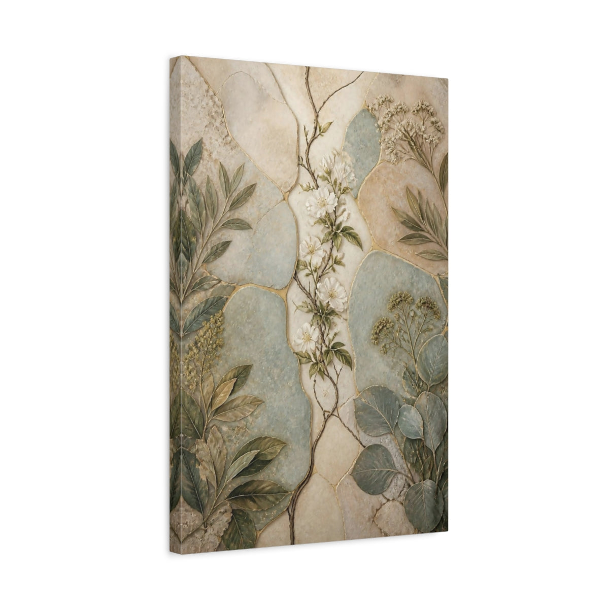 Side Mockup 3. Botanical White Blossom shown as canvas print