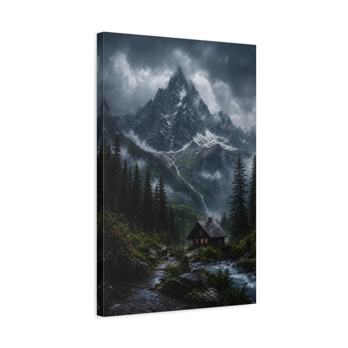 Side Mockup 3. Cabin Beneath Stormy Peak shown as canvas print