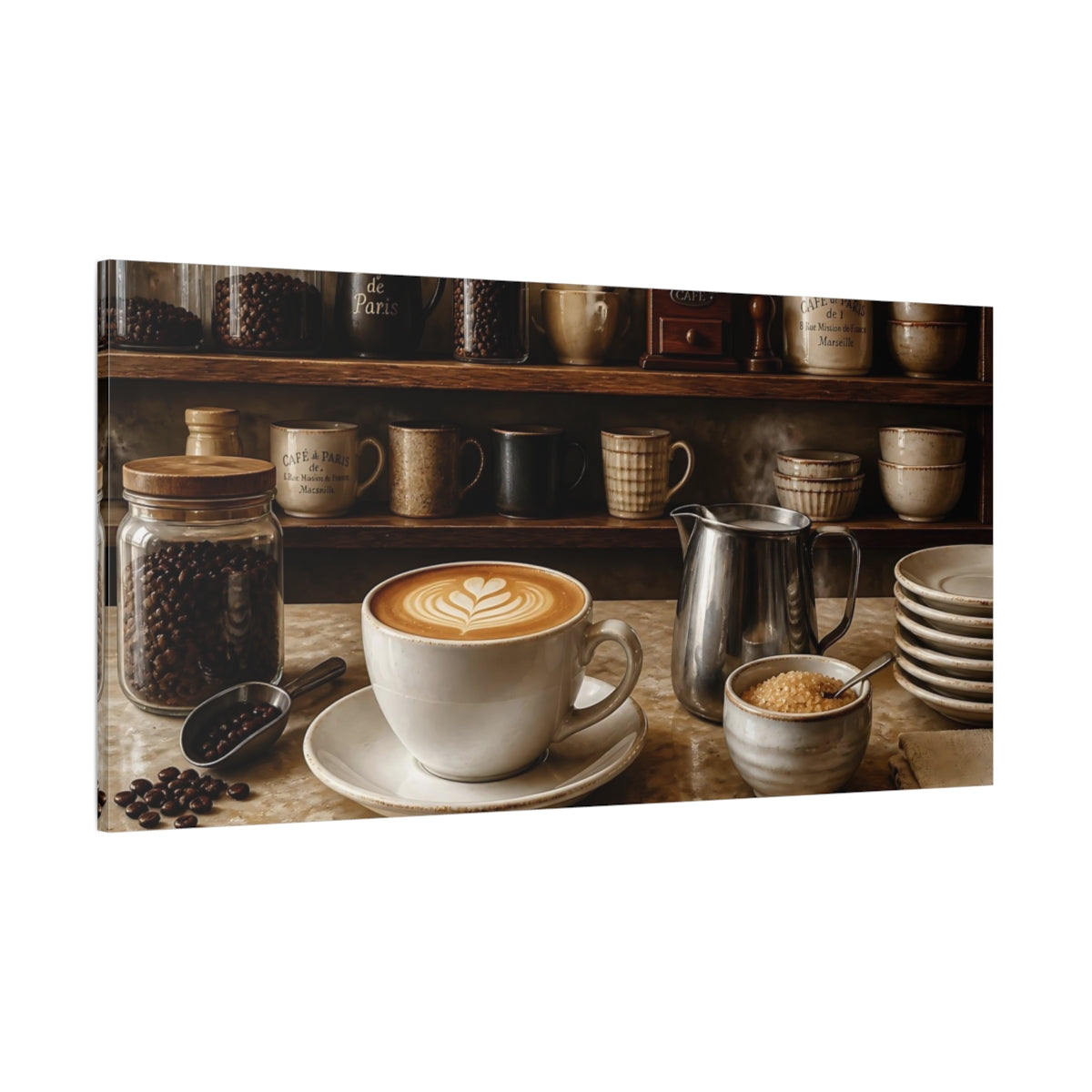 Side Mockup 2. Cappuccino On Cafe Counter shown as canvas print