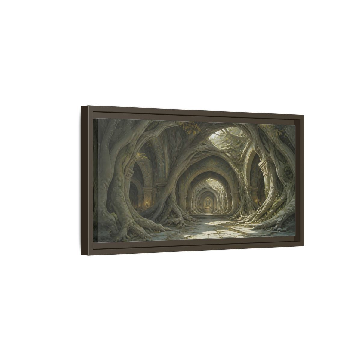 Side Mockup 7. Cathedral Of Living Roots shown as framed canvas print