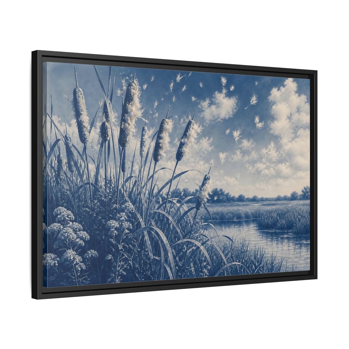 Side Mockup 14. Cattails And Seed Fluff shown as framed canvas print