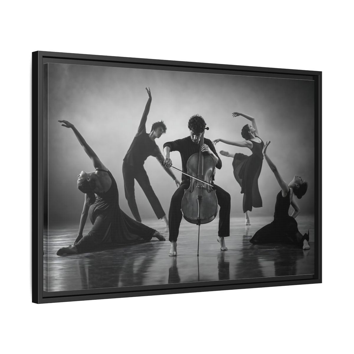 Side Mockup 14. Cellist With Dancers shown as framed canvas print
