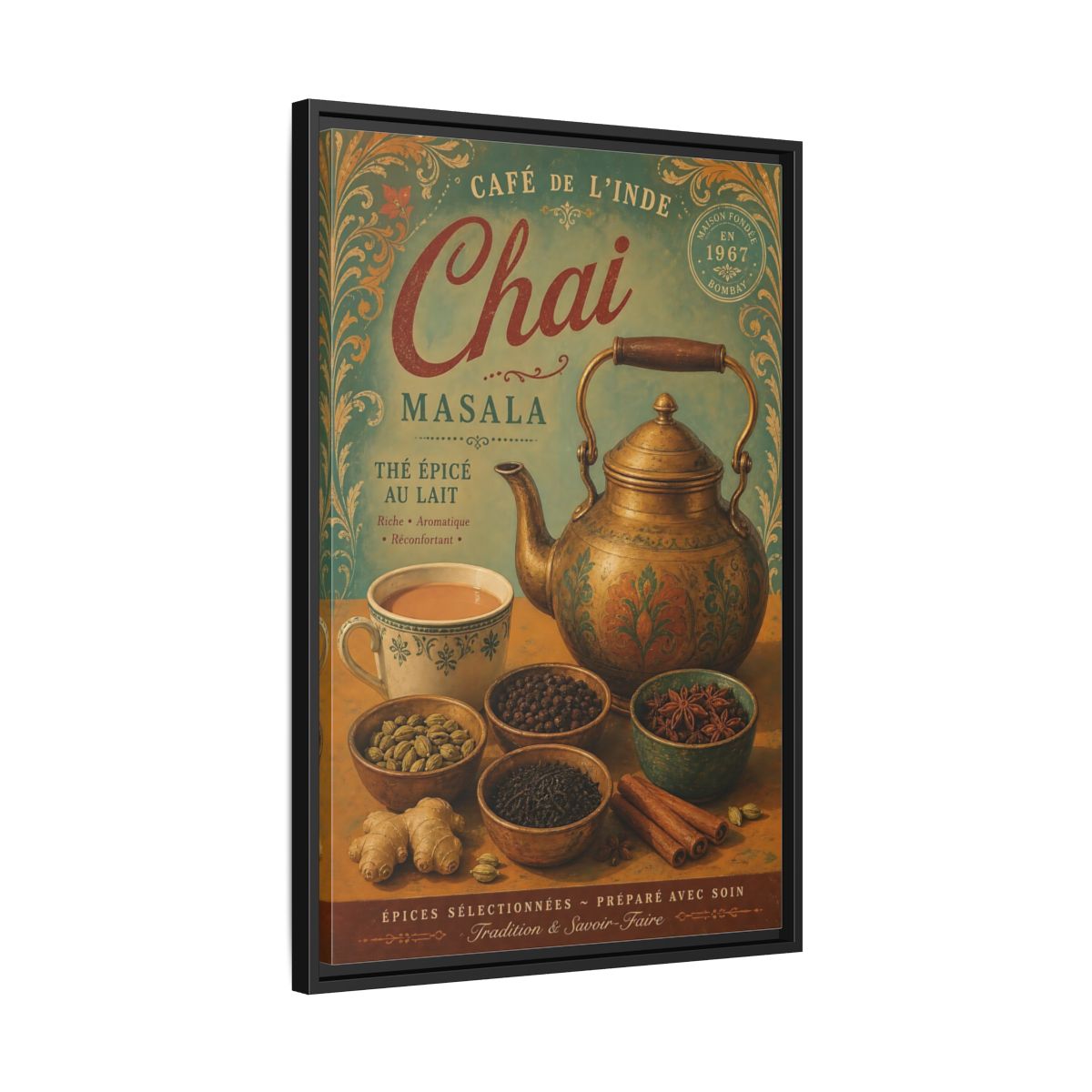 Side Mockup 14. Chai Masala Tea Kettle shown as framed canvas print