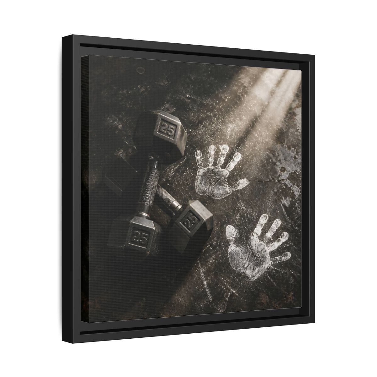 Side Mockup 32. Chalk Handprints And Dumbbells shown as framed canvas print