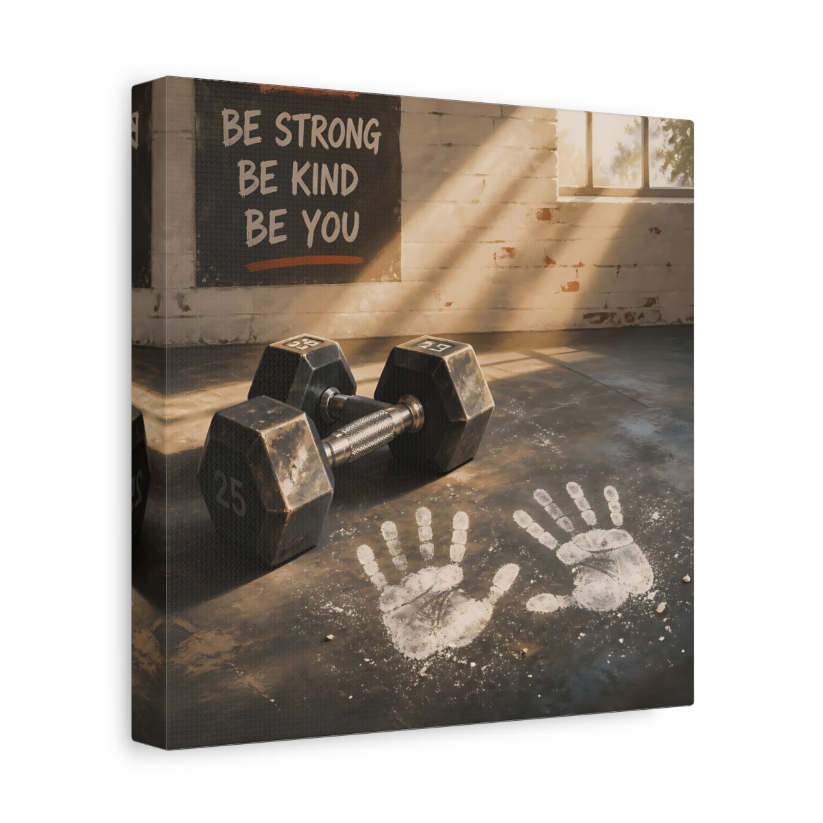 Side Mockup 9. Chalk Handprints & Dumbbells shown as canvas print
