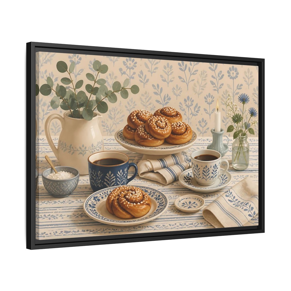 Side Mockup 14. Cinnamon Rolls & Coffee shown as framed canvas print