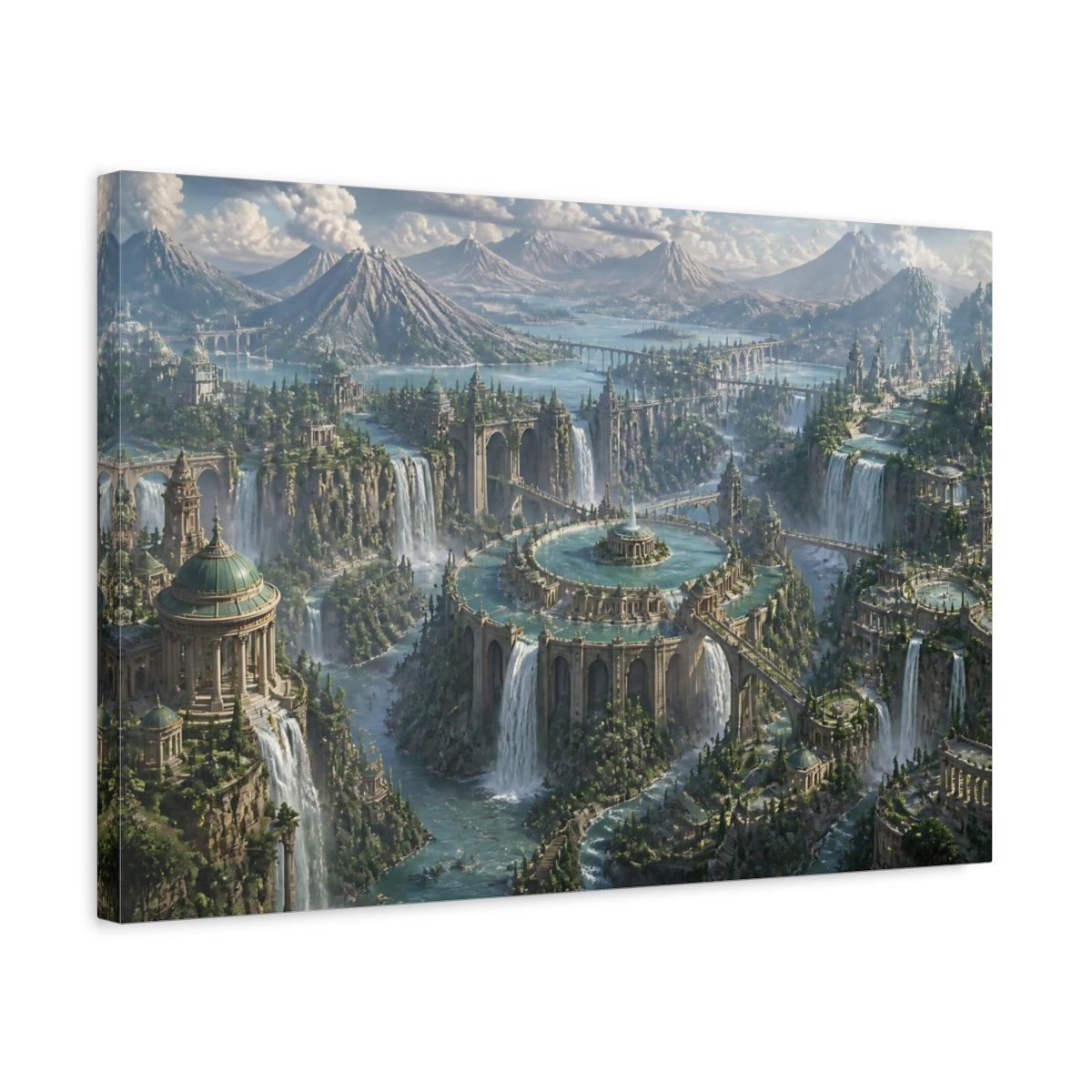 Side Mockup 3. City Of Cascading Waters shown as canvas print