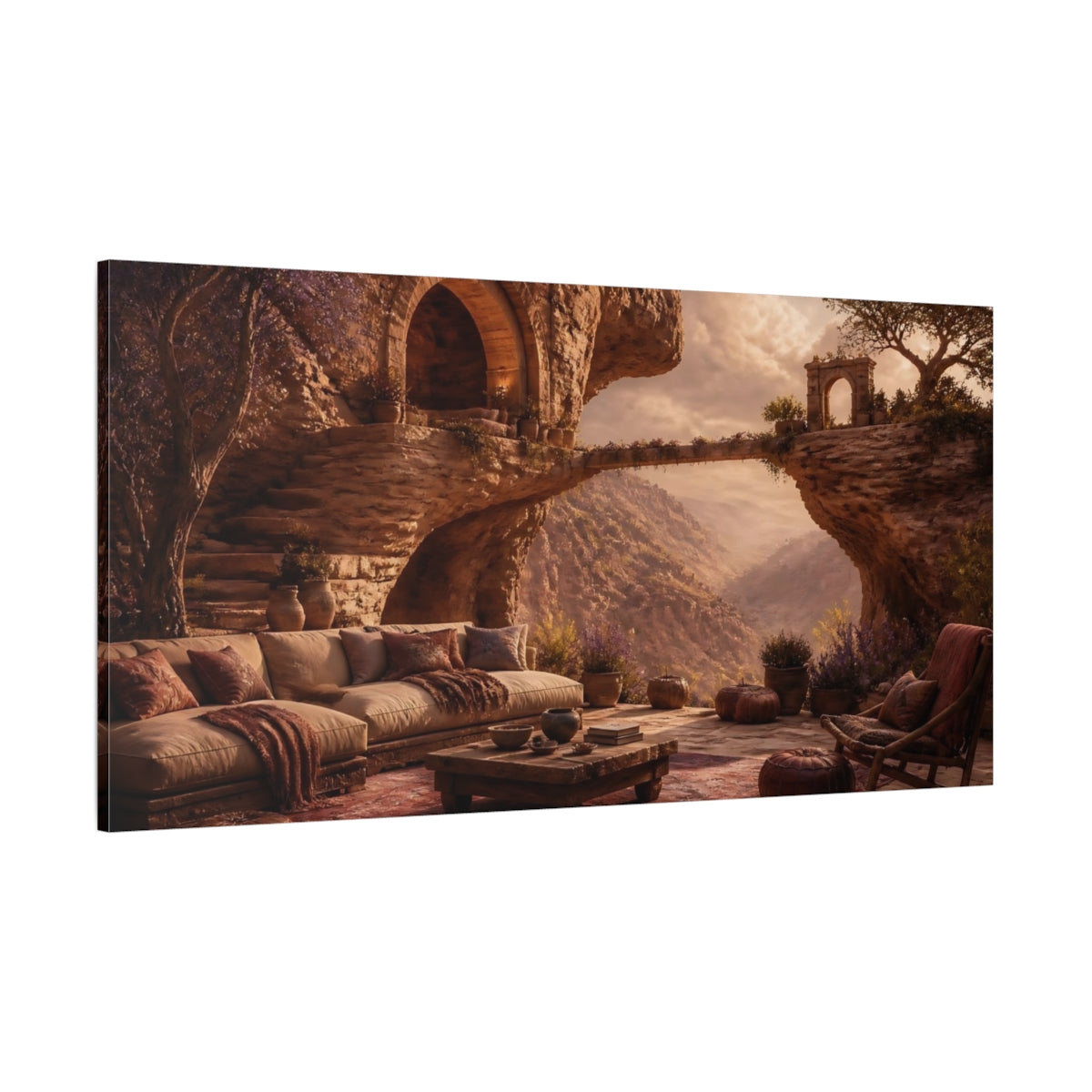 Side Mockup 2. Cliffside Dwelling Retreat shown as canvas print