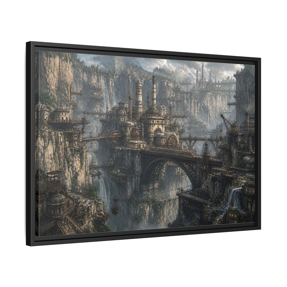 Side Mockup 14. Cliffside Industrial City shown as framed canvas print
