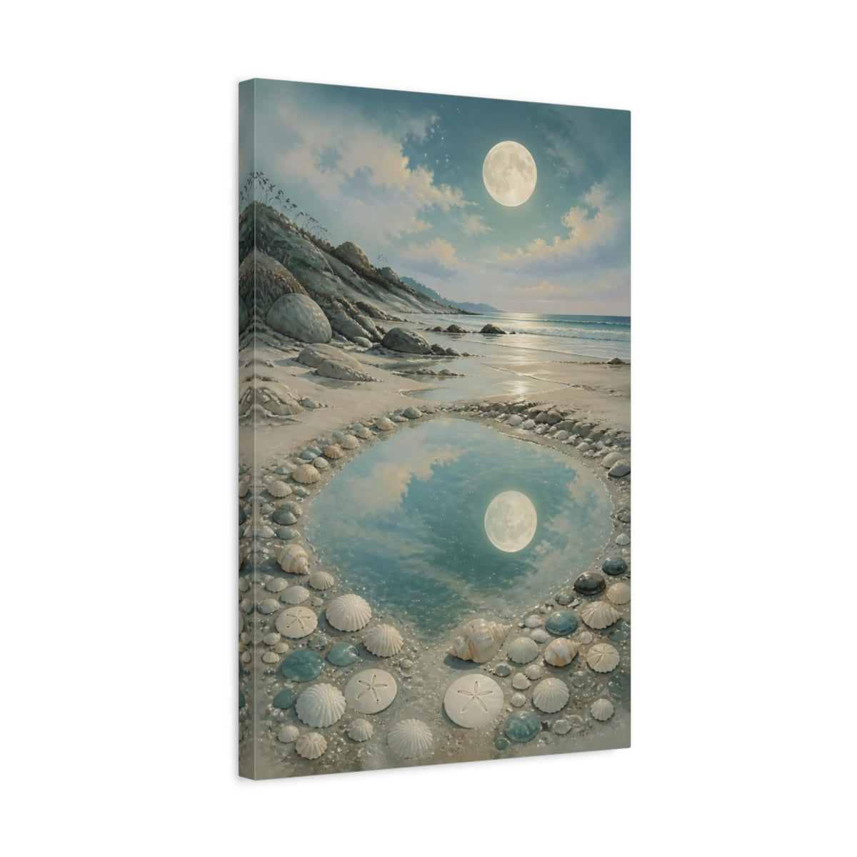 Side Mockup 3. Coastal Beach Moonlit Tide Pool shown as canvas print