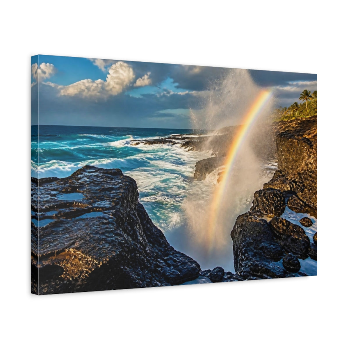 Side Mockup 3. Coastal Blowhole Rainbow shown as canvas print