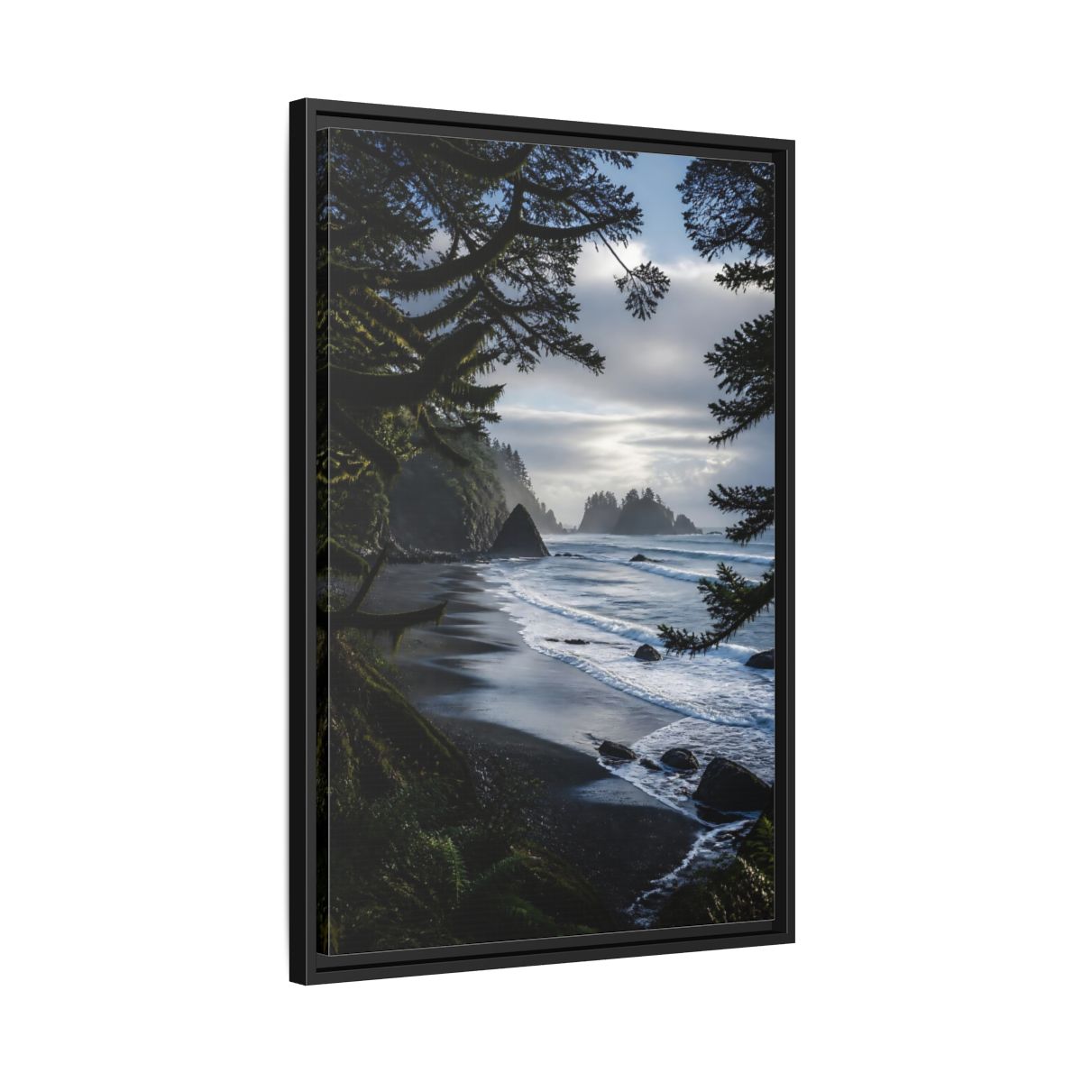 Side Mockup 14. Coastal Sea Stacks shown as framed canvas print
