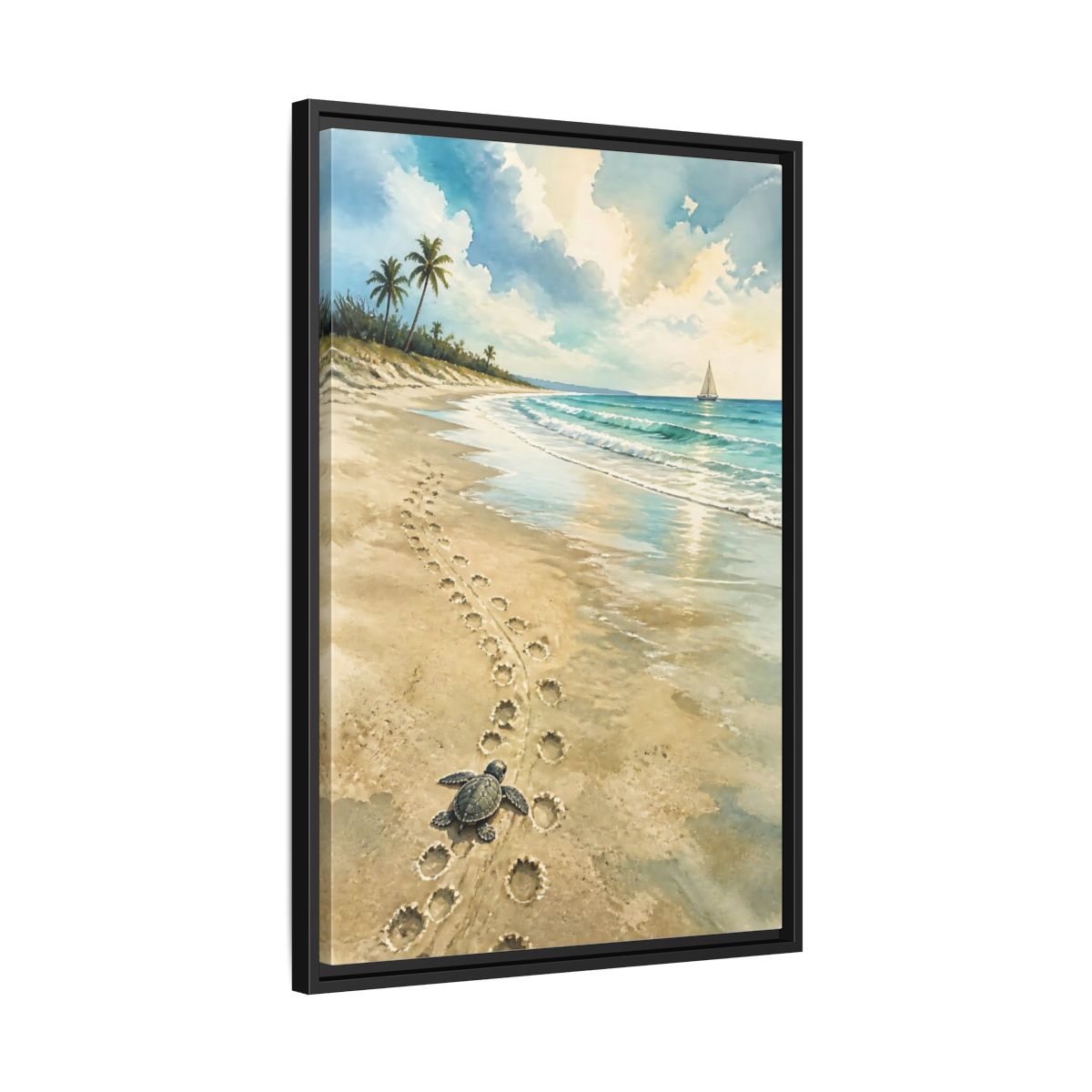 Side Mockup 14. Coastal Turtle Tracks shown as framed canvas print