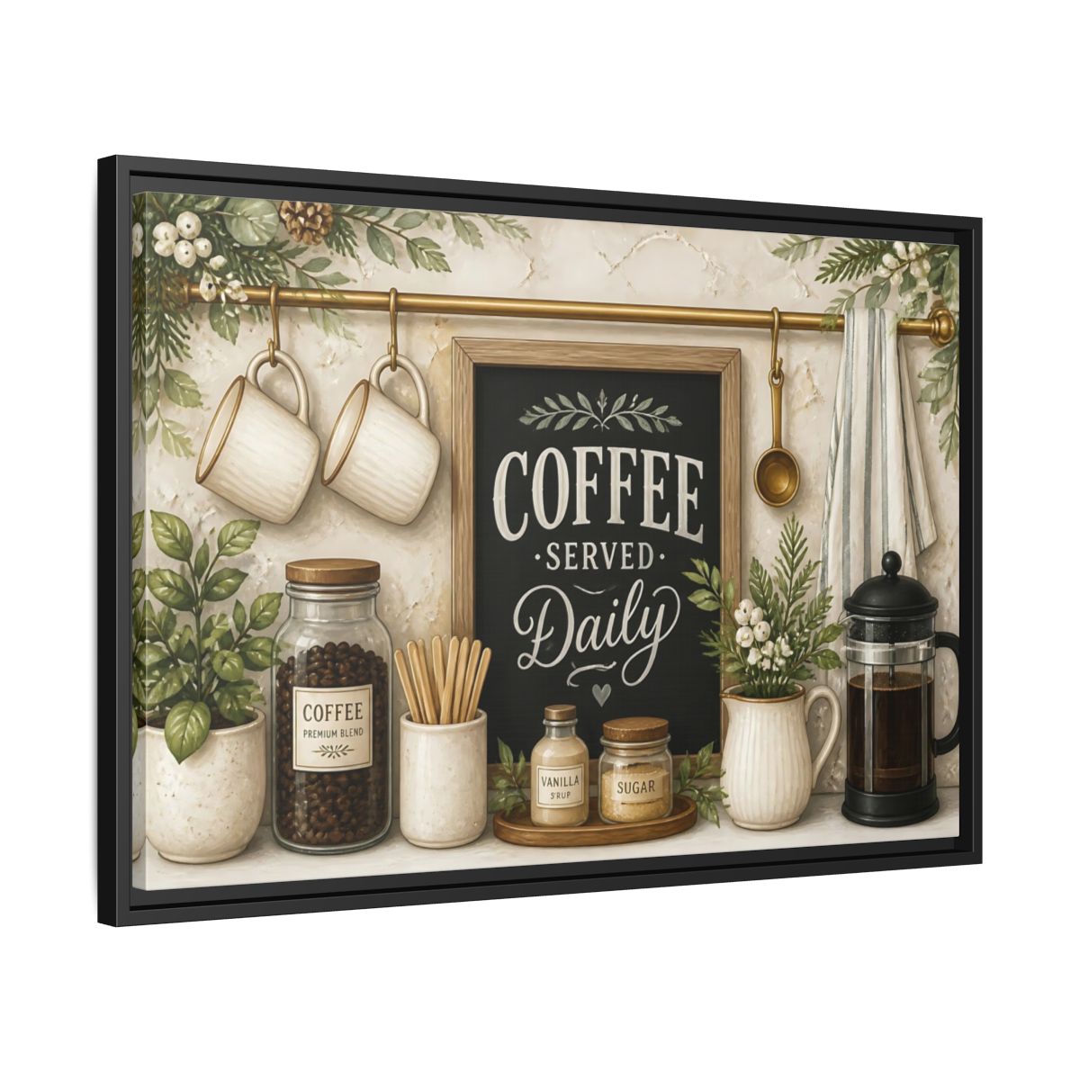 Side Mockup 14. Coffee Served Daily shown as framed canvas print