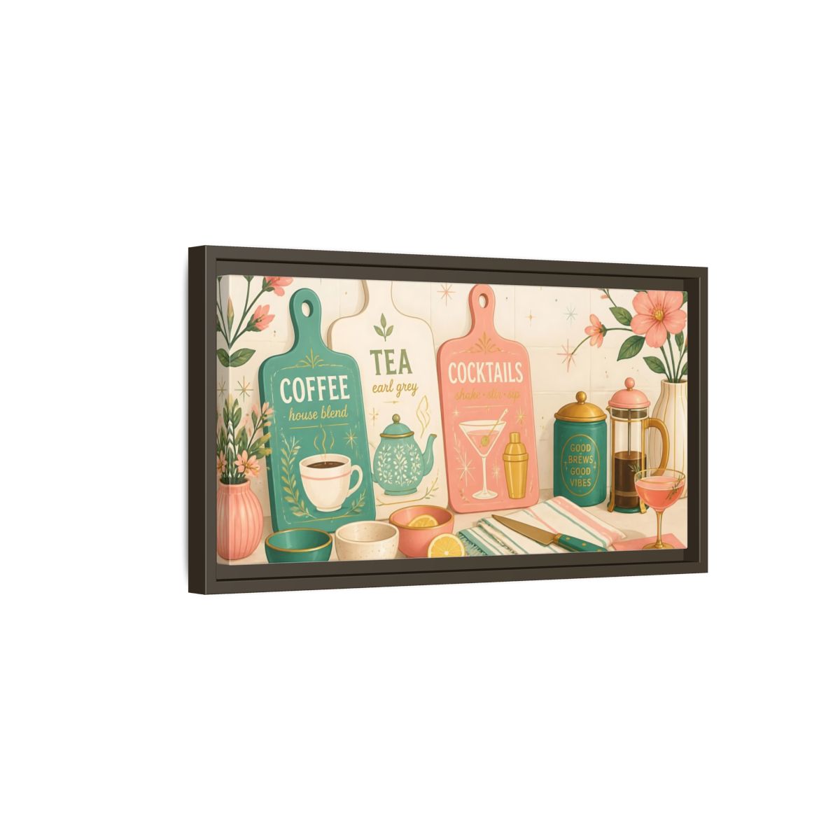 Side Mockup 7. Coffee Tea Cocktails Trio shown as framed canvas print