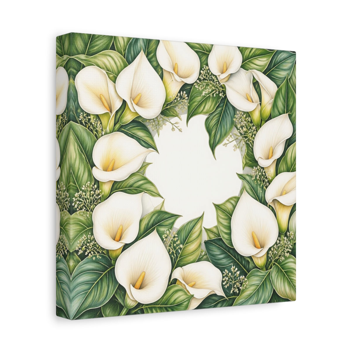 Side Mockup 9. Colored Pencil Realism, Fine Detailing, Smooth Shading Ivory Calla Lily Memory Grace shown as stretched canvas wall art