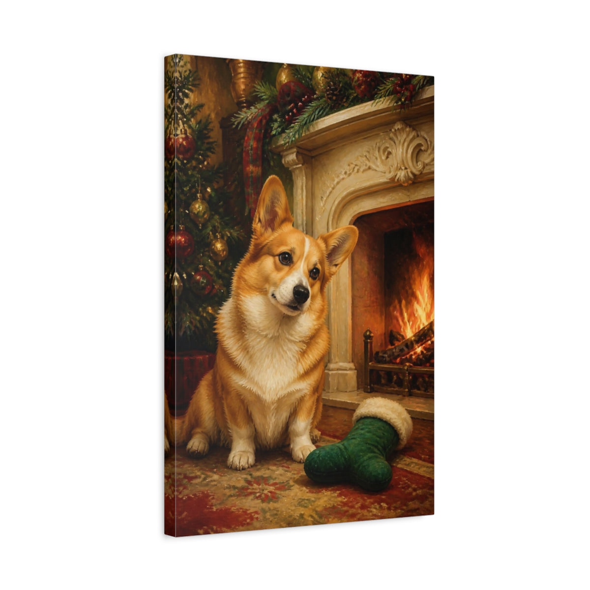 Side Mockup 3. Corgi Pets By Fireplace shown as canvas print