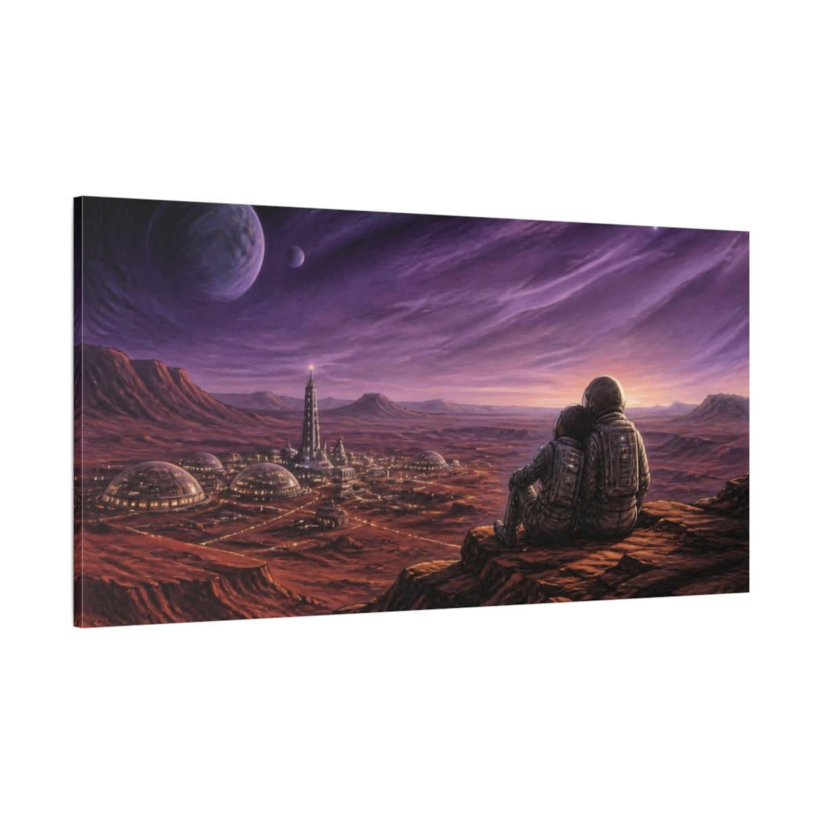 Side Mockup 2. Cosmic Astronauts Over Colony shown as canvas print