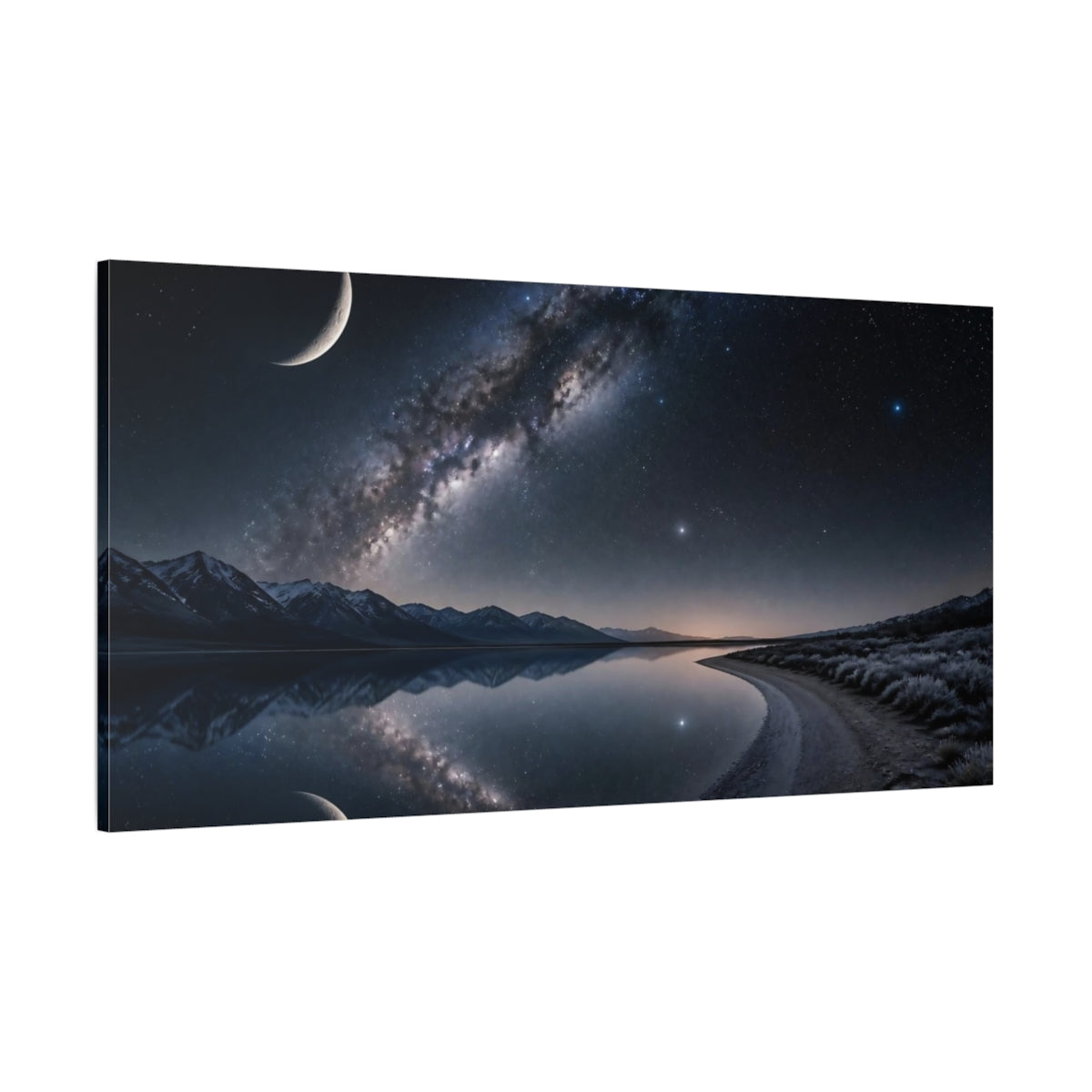 Side Mockup 2. Cosmic Crescent Moon Reflection shown as canvas print