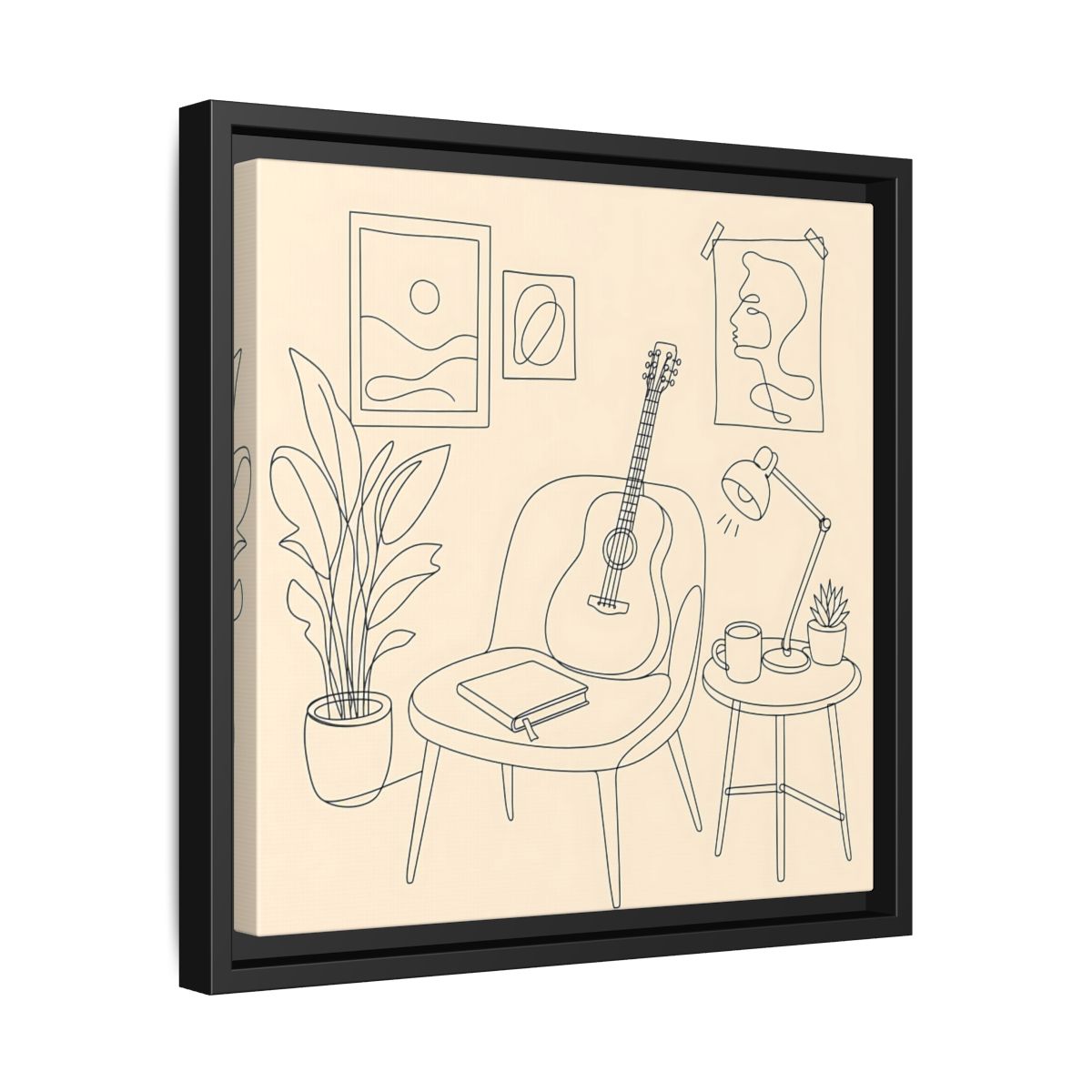 Side Mockup 32. Cozy Guitar Reading Nook shown as framed canvas print