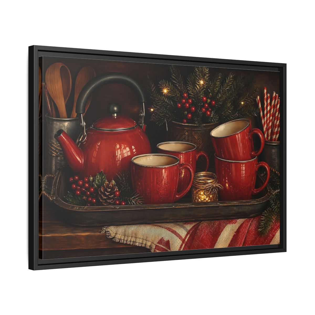 Side Mockup 14. Cozy Red Tea Set shown as framed canvas print