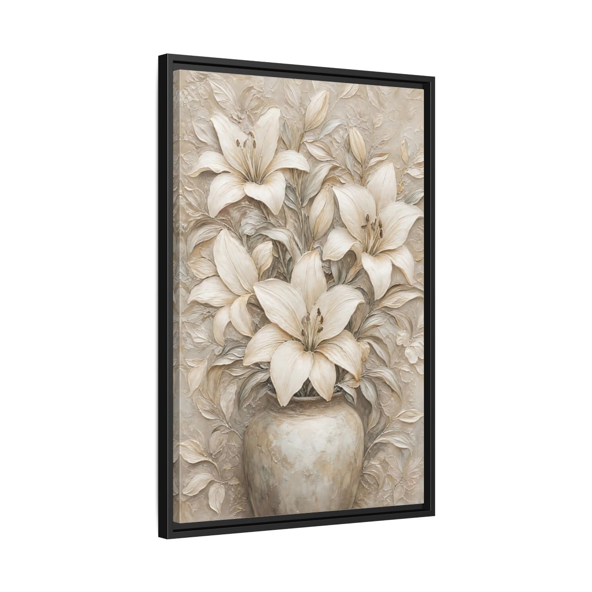 Side Mockup 14. Cream Lily Still Life shown as framed canvas print