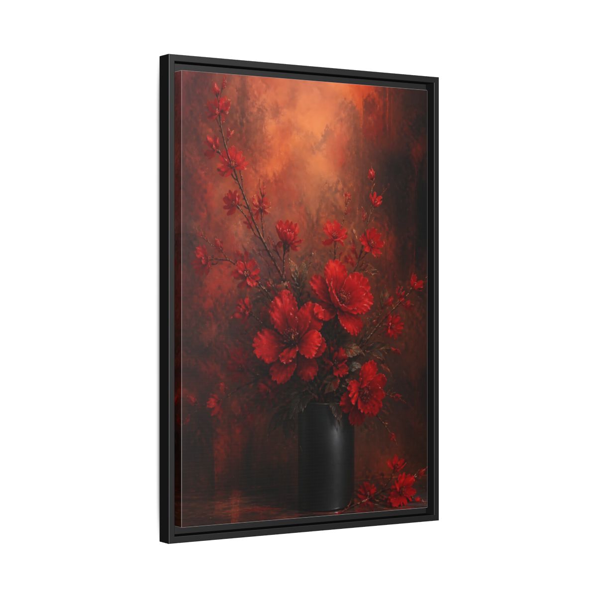 Side Mockup 14. Crimson Blossom Bouquet shown as framed canvas print