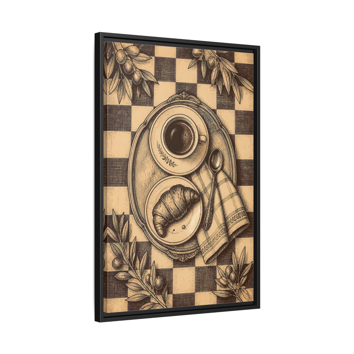 Side Mockup 14. Croissant And Coffee shown as framed canvas print