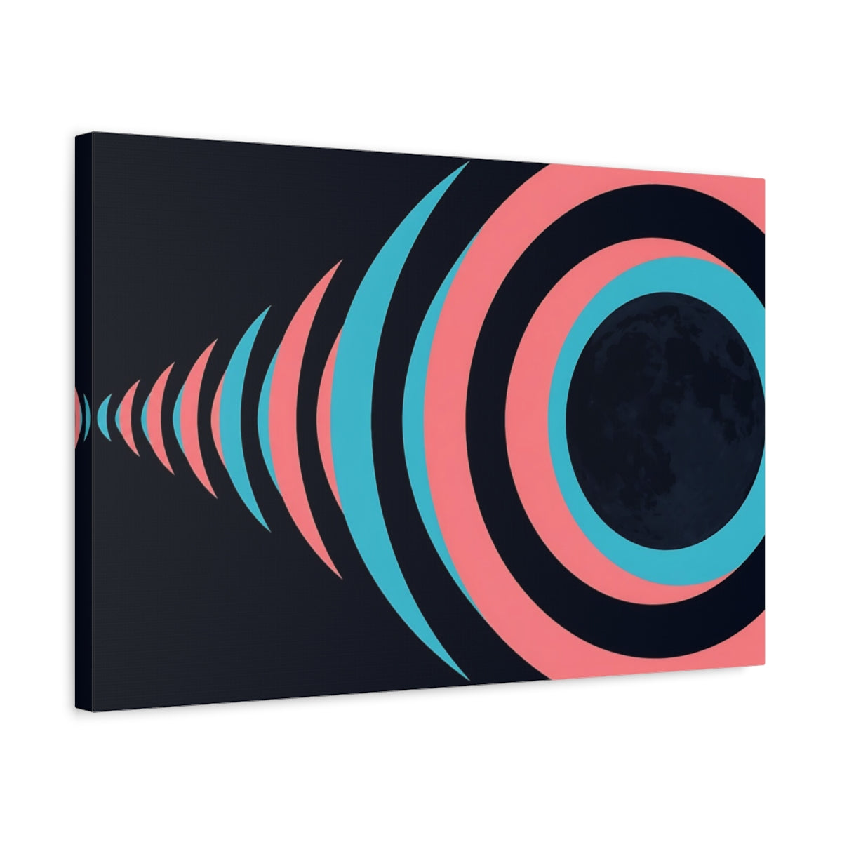 Side Mockup 3. Cyan Rose Moon Rings shown as canvas print