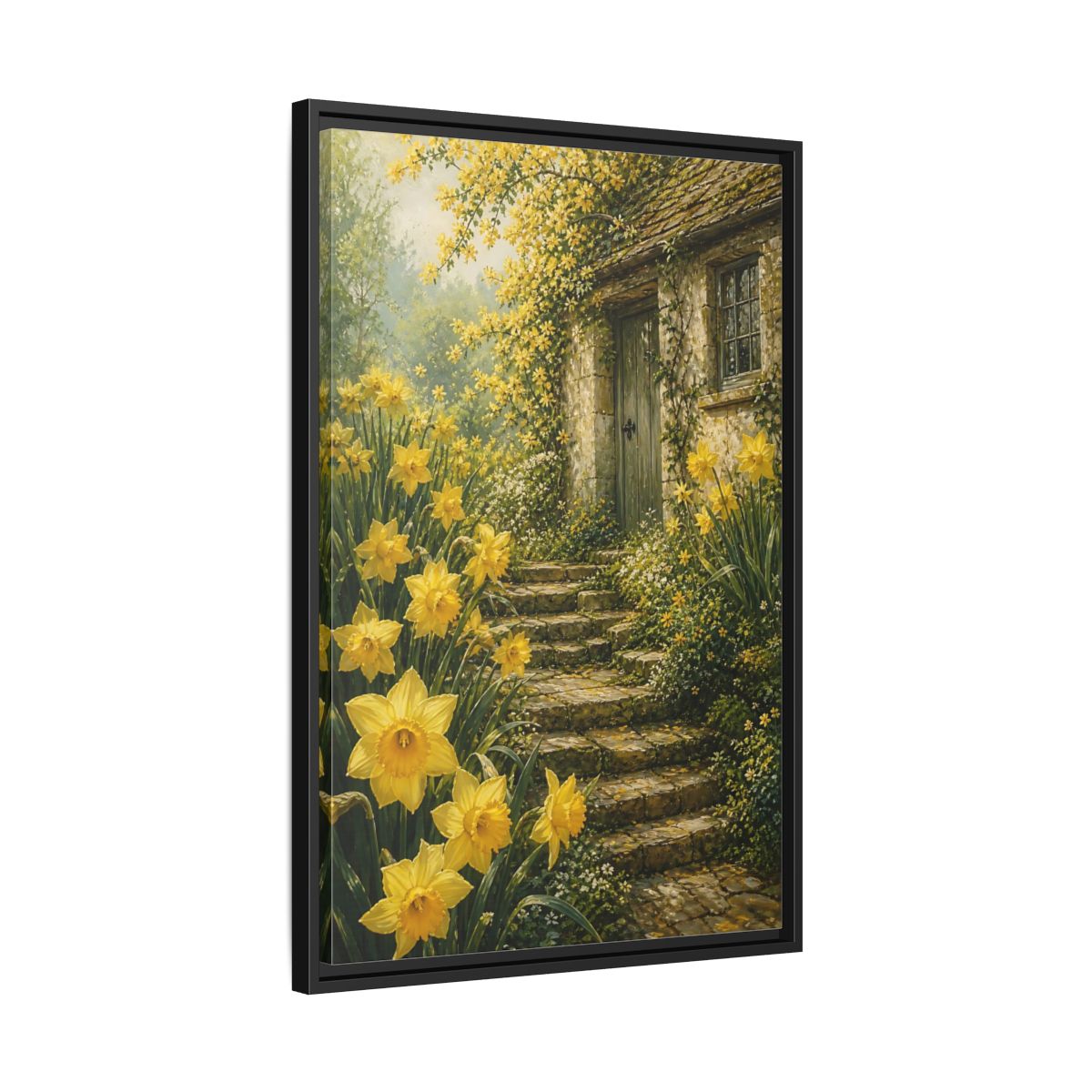 Side Mockup 14. Daffodil Cottage Entrance shown as framed canvas print