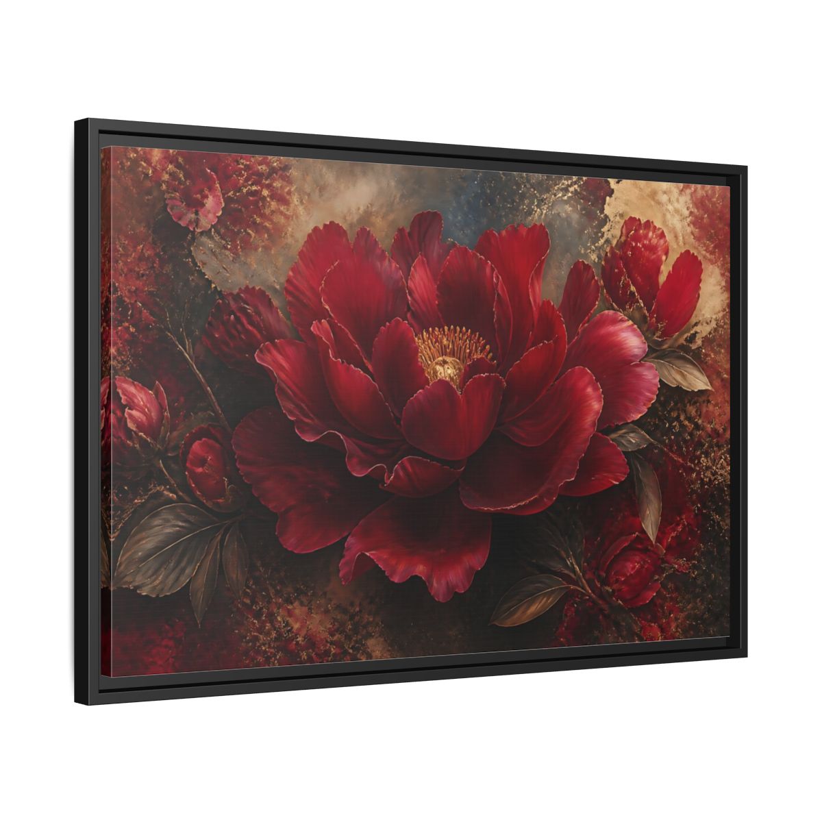 Side Mockup 14. Deep Ruby Peony Blossom shown as framed canvas print
