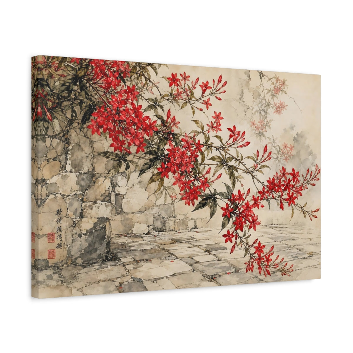 Side Mockup 3. Delicate Ink Contour Drawing Red Jasmine Sprays Against Stone Courtyard shown as stretched canvas wall art