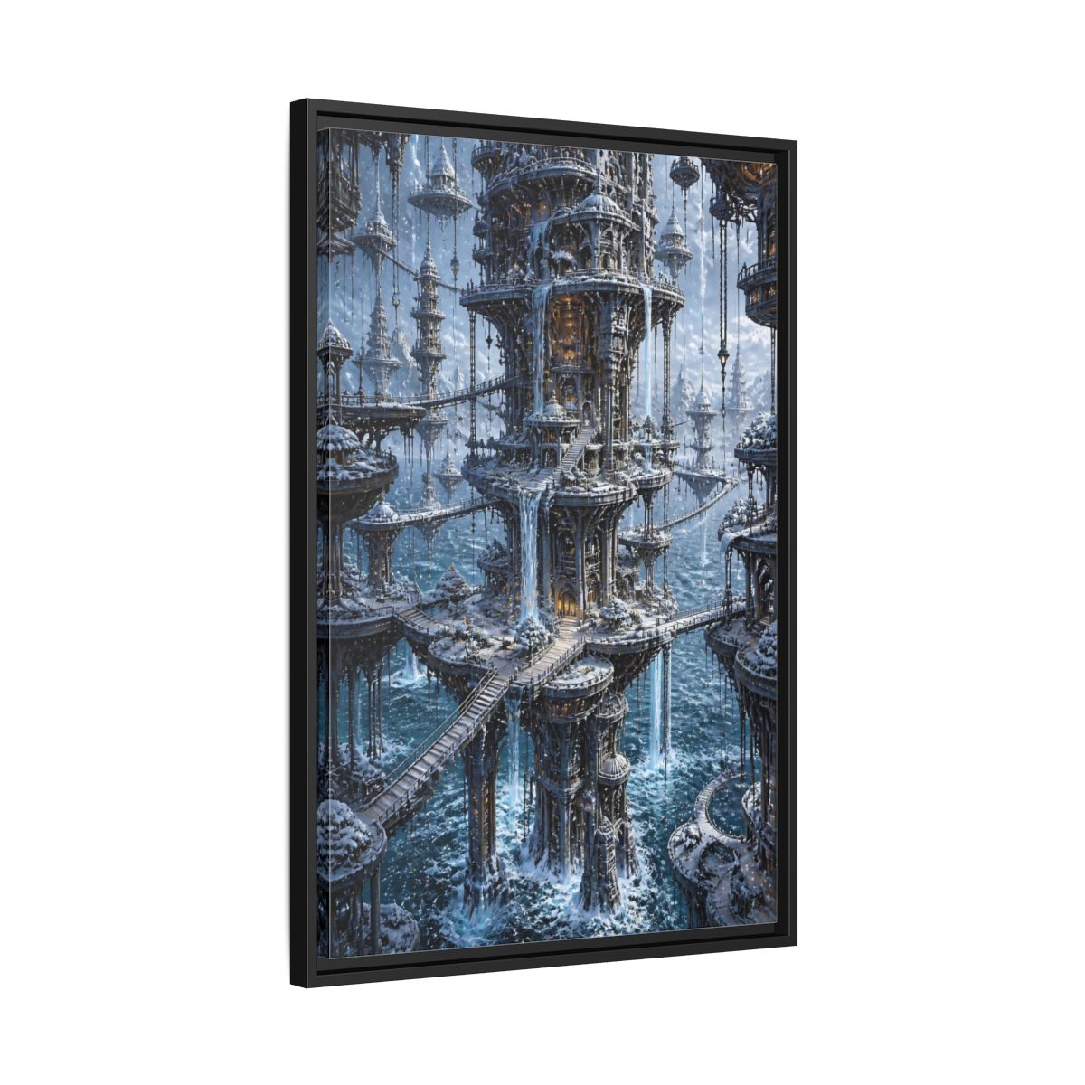 Side Mockup 14. Detailed Floating Tower City shown as framed canvas print