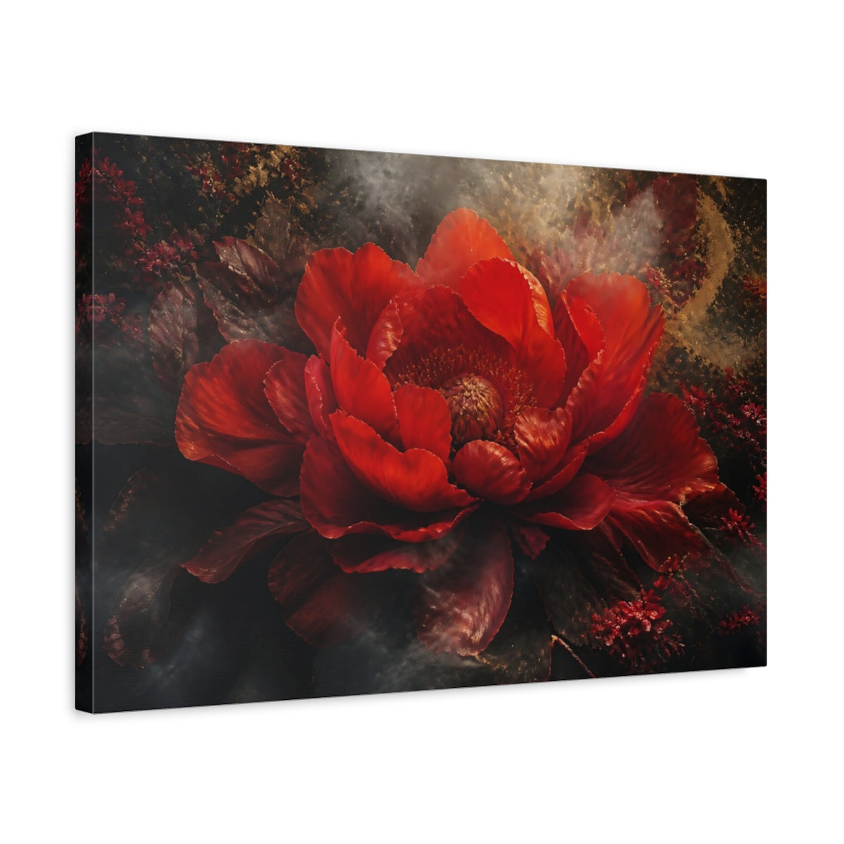 Side Mockup 3. Dramatic Scarlet Bloom shown as canvas print