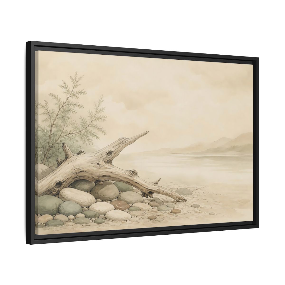 Side Mockup 14. Driftwood By The Shore shown as framed canvas print