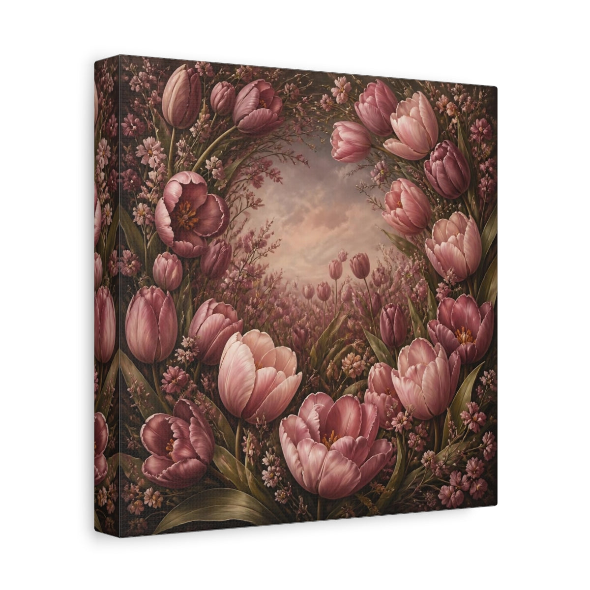 Side Mockup 9. Dusty Rose Tulip Flowers shown as canvas print
