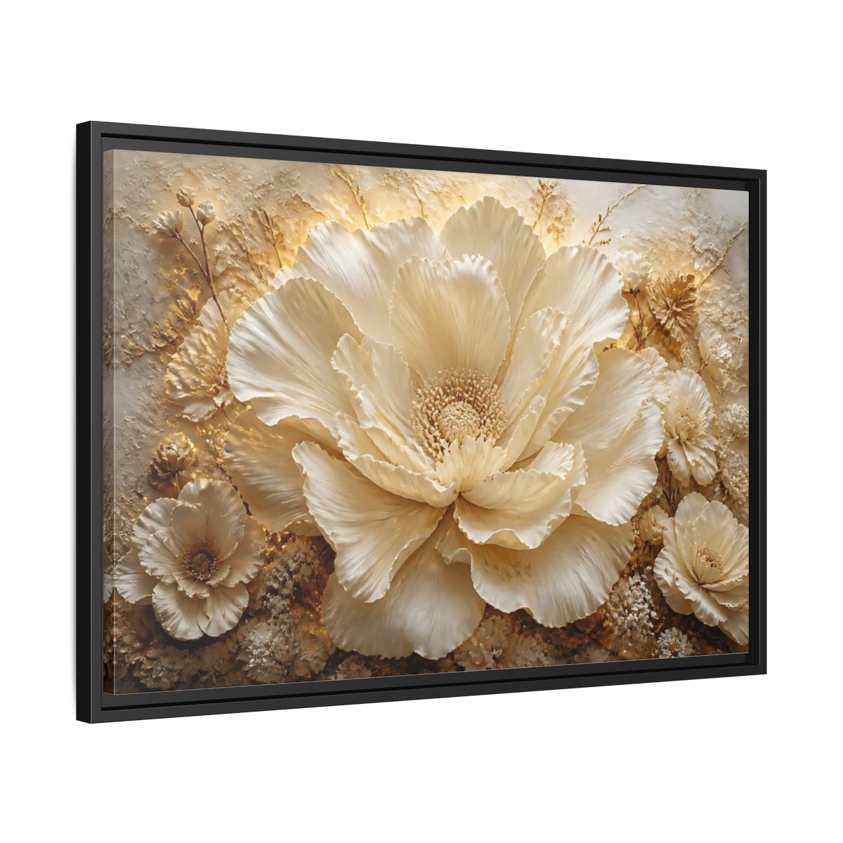 Side Mockup 14. Elegant Ivory Flower Sculpture shown as framed canvas print