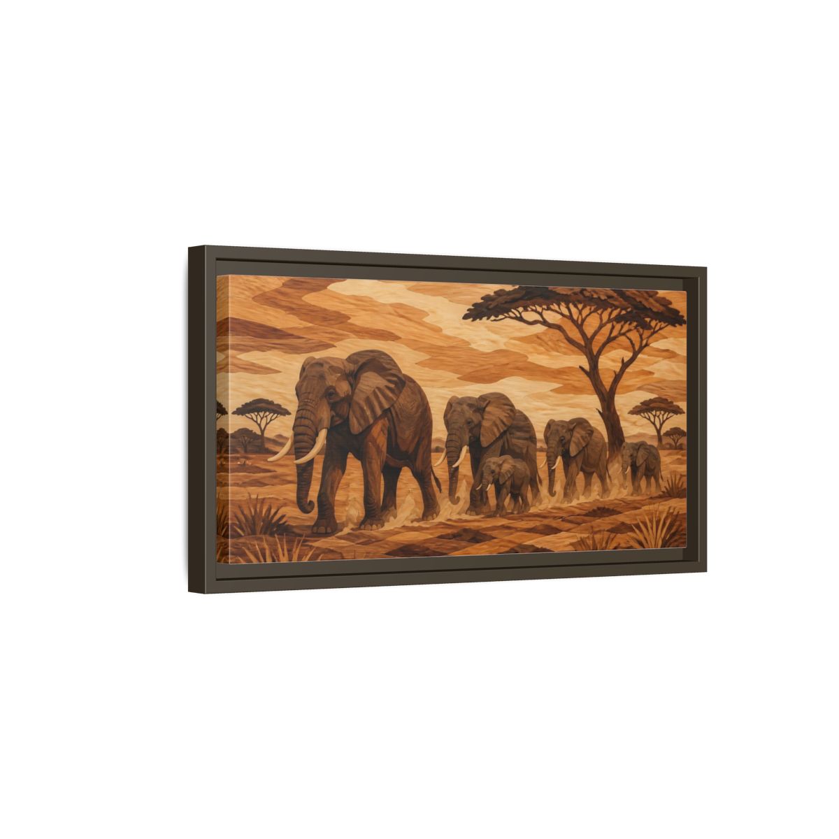 Side Mockup 7. Elephant Family Crossing shown as framed canvas print